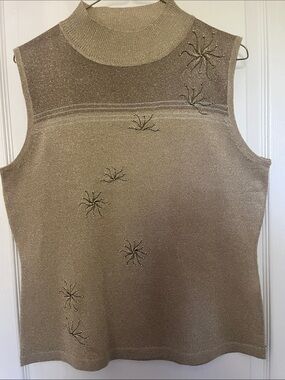 Vintage Paris Metallic Knit Top in Gold with Beaded Flowers